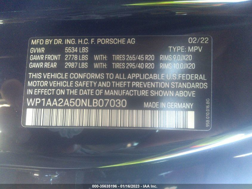 2022 Porsche Macan VIN: WP1AA2A50NLB07030 Lot: 35635196