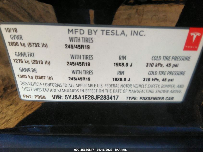 2018 Tesla Model S 75D/P100D/100D VIN: 5YJSA1E28JF283417 Lot: 35636817