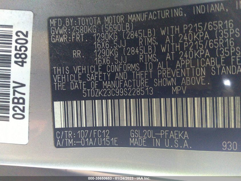 2009 Toyota Sienna Le VIN: 5TDZK23C99S228513 Lot: 35650653