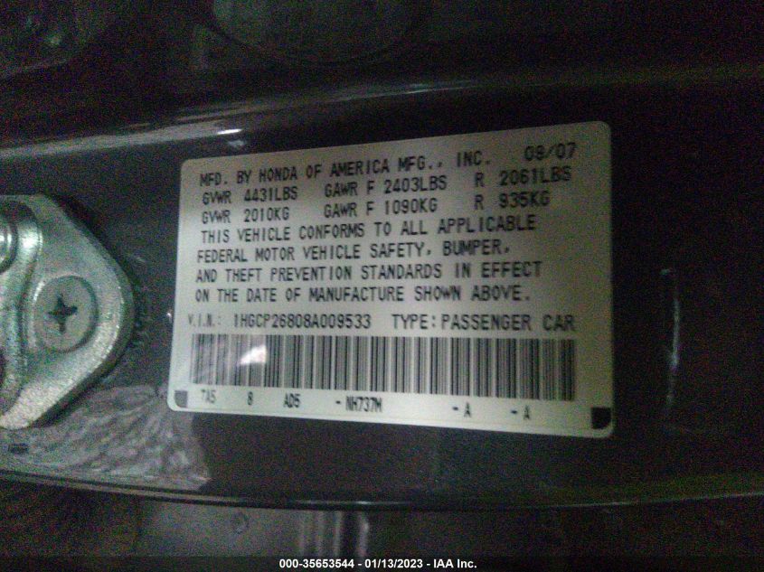 1HGCP26808A009533 2008 Honda Accord 2.4 Ex-L