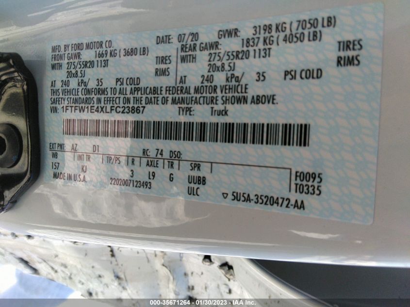 2020 Ford F-150 King Ranch VIN: 1FTFW1E4XLFC23867 Lot: 35671264