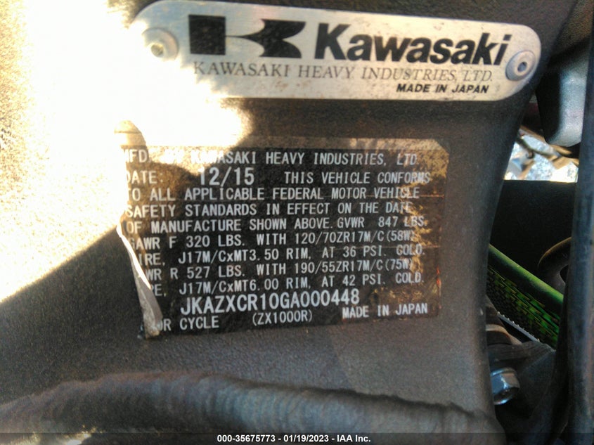 2016 Kawasaki Zx1000 R VIN: JKAZXCR10GA000448 Lot: 35675773