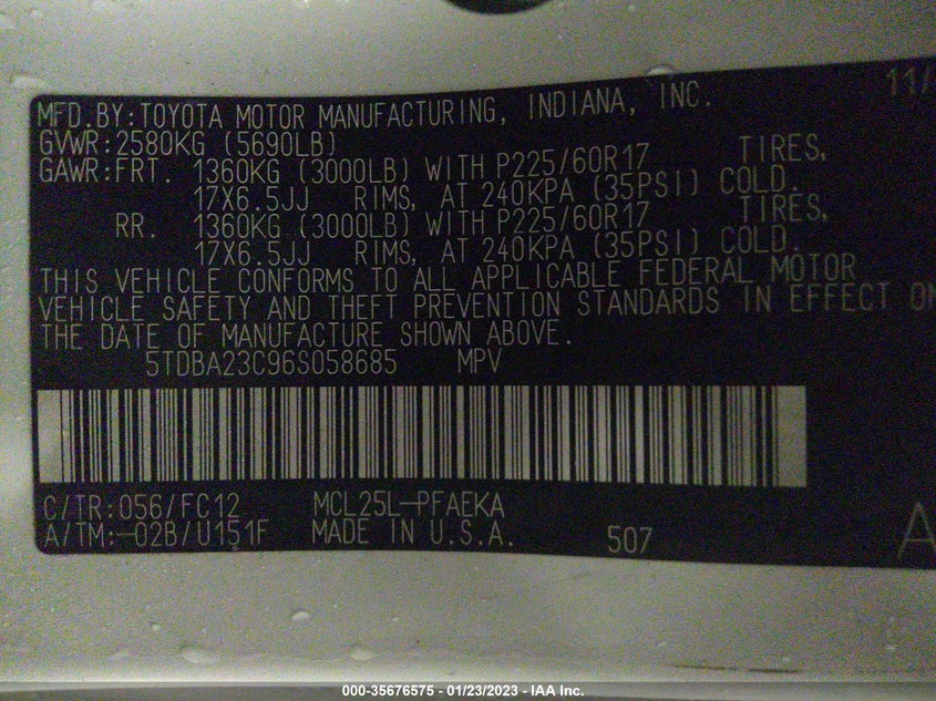 2006 Toyota Sienna Le VIN: 5TDBA23C96S058685 Lot: 35676575