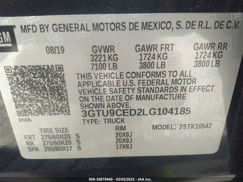 2020 GMC Sierra 1500 4Wd Short Box Elevation VIN: 3GTU9CED2LG104185 Lot: 35678948