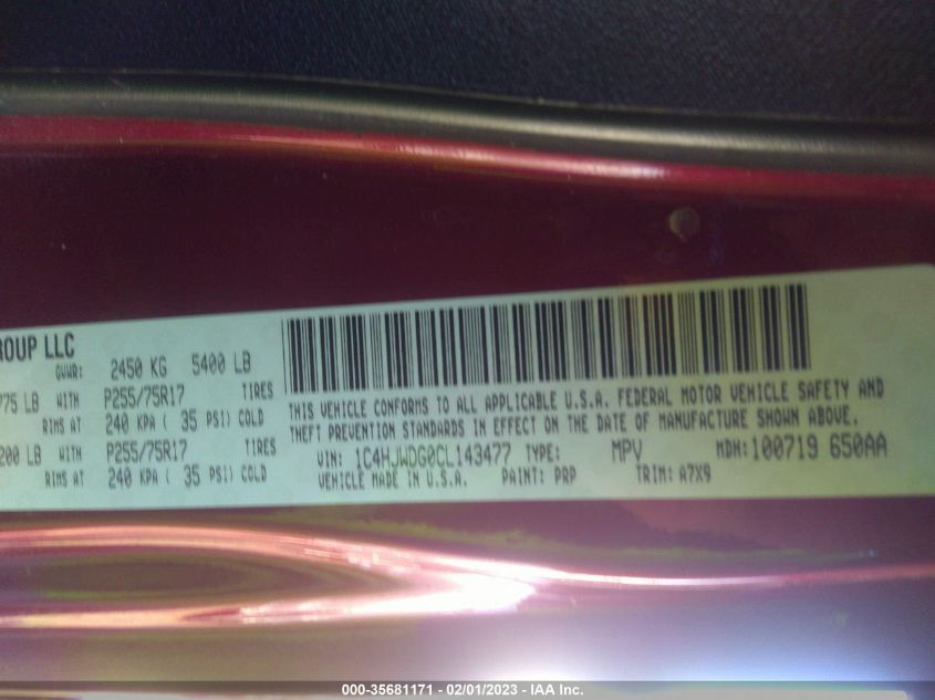 2012 Jeep Wrangler Unlimited Sport VIN: 1C4HJWDG0CL143477 Lot: 35681171