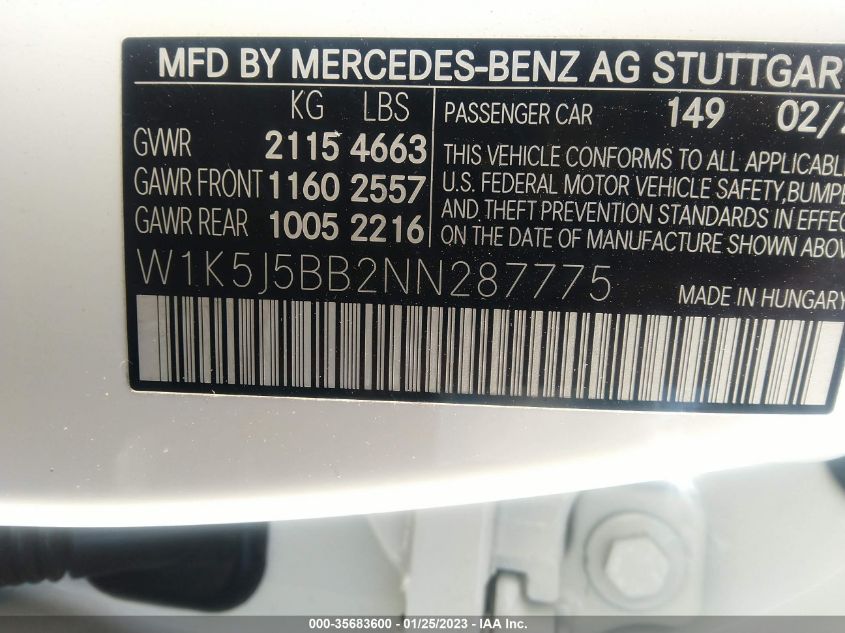 W1K5J5BB2NN287775 2022 Mercedes-Benz Amg Cla 35