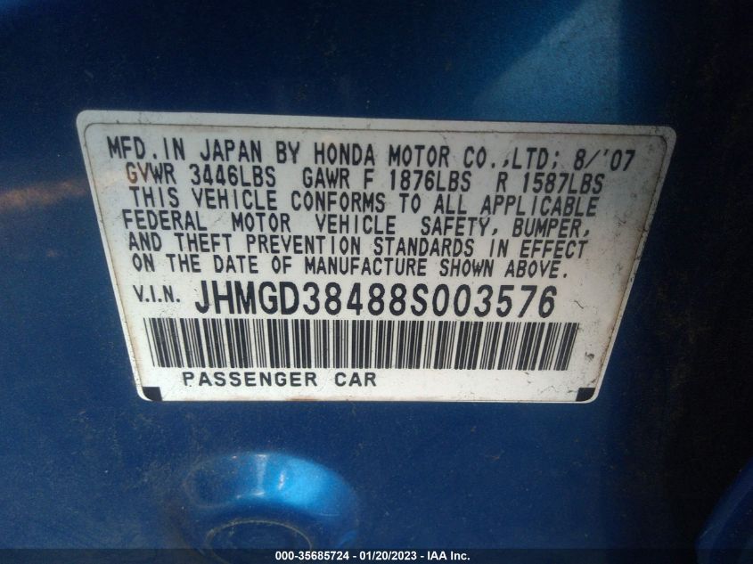 JHMGD38488S003576 2008 Honda Fit