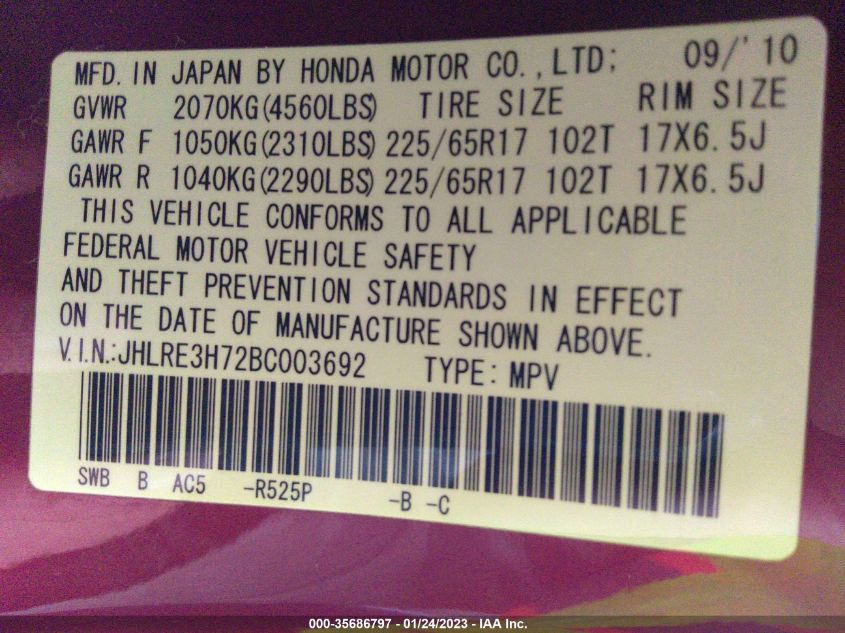 2011 Honda Cr-V Ex-L VIN: JHLRE3H72BC003692 Lot: 35686797