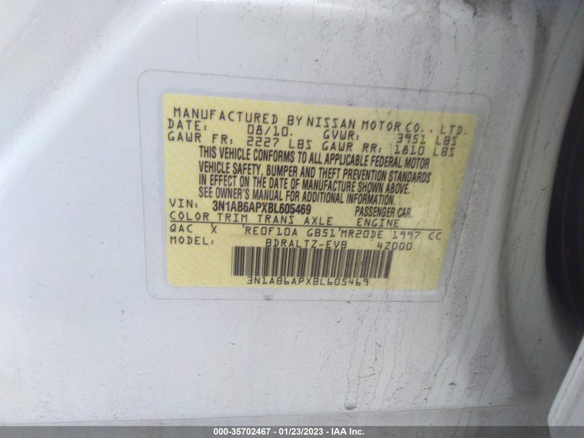 2011 NISSAN SENTRA VIN: 3N1AB6APXBL605469