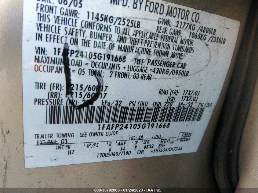 1FAFP24105G191668 2005 Ford Five Hundred Sel