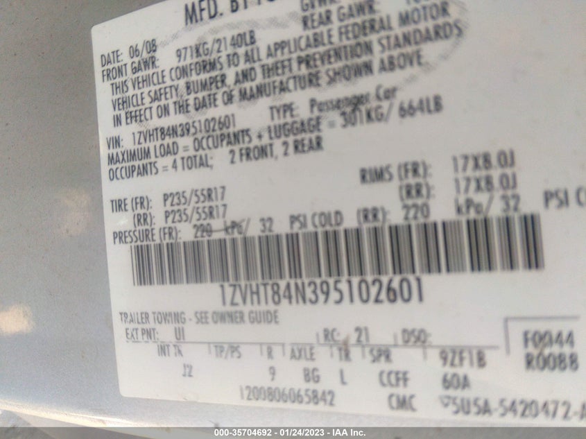 2009 Ford Mustang V6/V6 Premium VIN: 1ZVHT84N395102601 Lot: 35704692