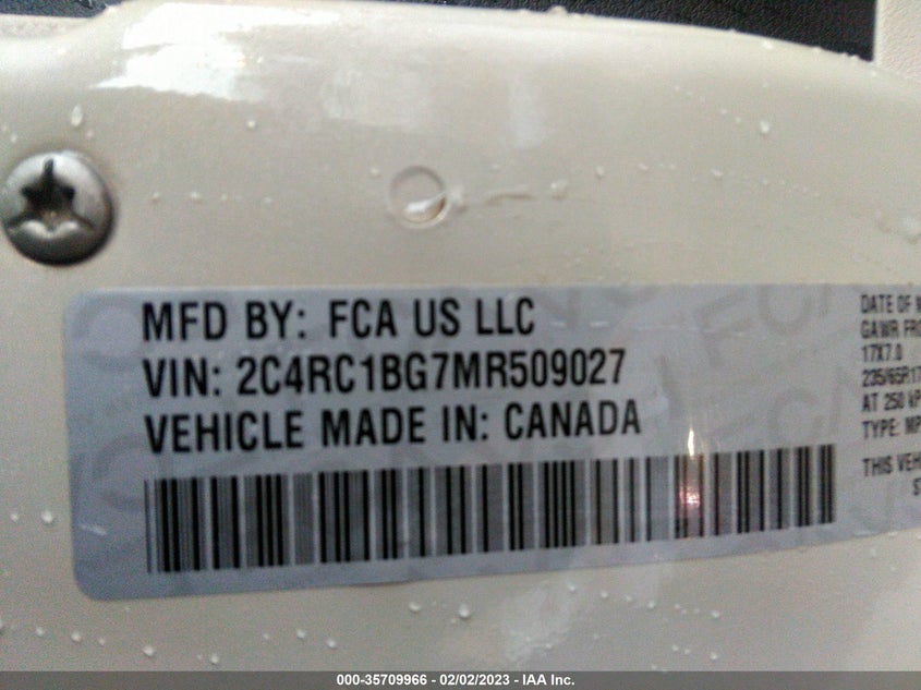 2021 CHRYSLER PACIFICA TOURING L VIN: 2C4RC1BG7MR509027