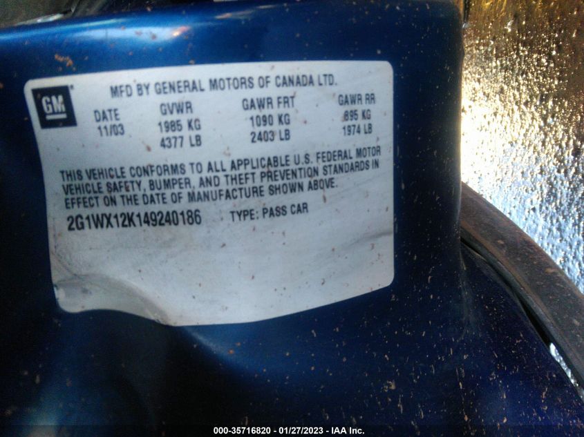 2004 Chevrolet Monte Carlo Ss VIN: 2G1WX12K149240186 Lot: 35716820
