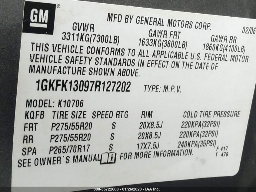 1GKFK13097R127202 2007 GMC Yukon Slt