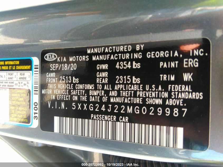 2021 Kia K5 Lx VIN: 5XXG24J22MG029987 Lot: 35723992