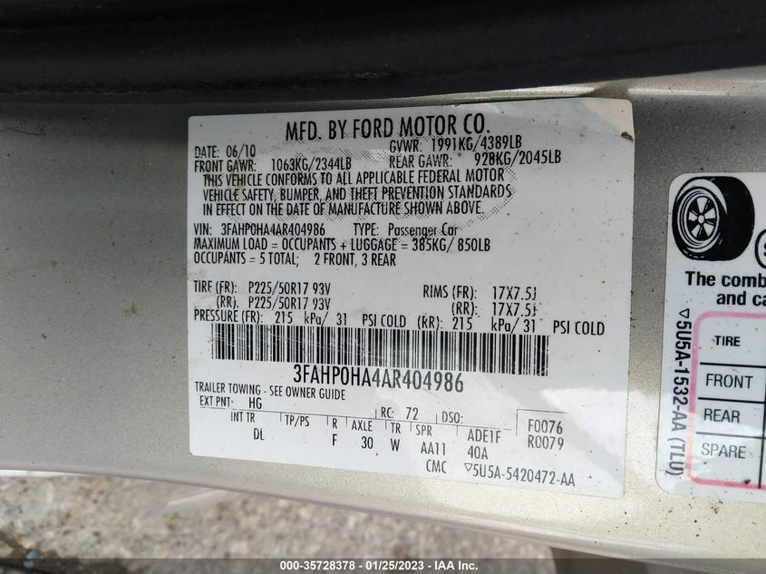 2010 FORD FUSION VIN: 3FAHP0HA4AR404986
