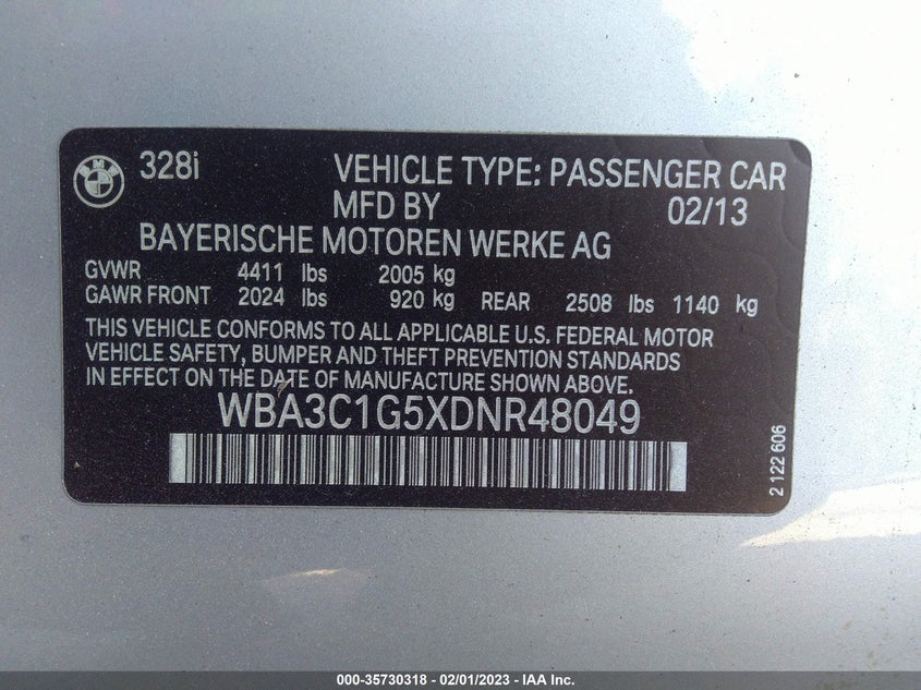 2013 BMW 3 SERIES 328I VIN: WBA3C1G5XDNR48049