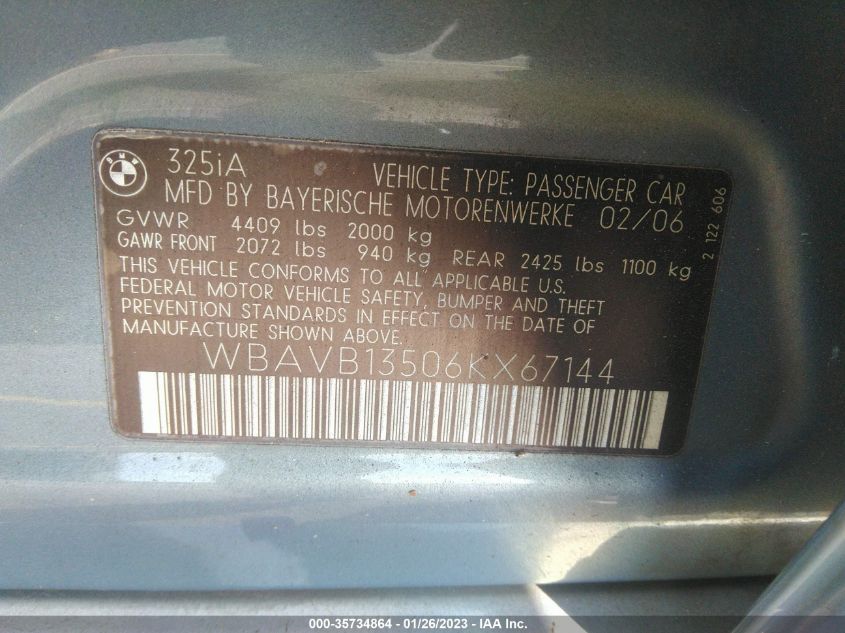 2006 BMW 325I VIN: WBAVB13506KX67144 Lot: 35734864