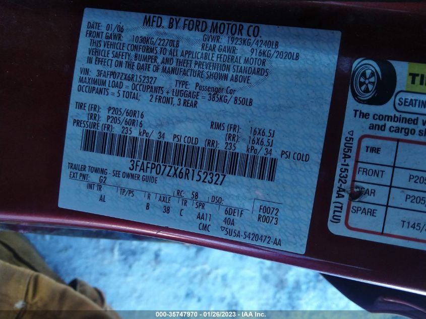 2006 Ford Fusion Se VIN: 3FAFP07ZX6R152327 Lot: 35747970