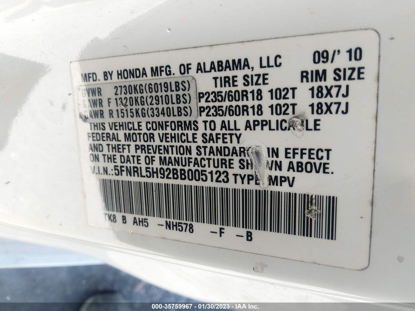 2011 Honda Odyssey Touring/Touring Elite VIN: 5FNRL5H92BB005123 Lot: 35759967