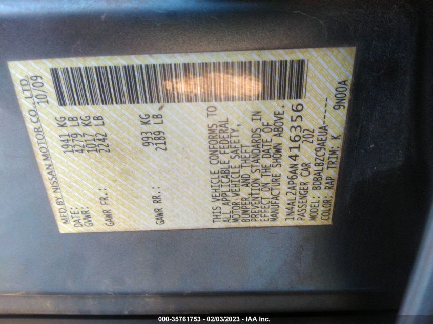 2010 Nissan Altima 2.5 S VIN: 1N4AL2AP6AN416356 Lot: 35761753