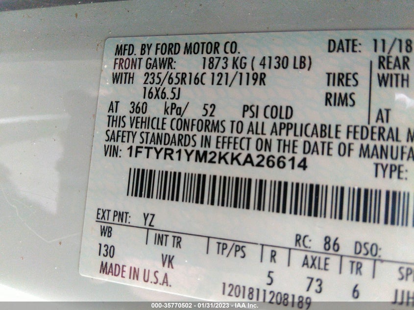 2019 Ford Transit-250 VIN: 1FTYR1YM2KKA26614 Lot: 35770502