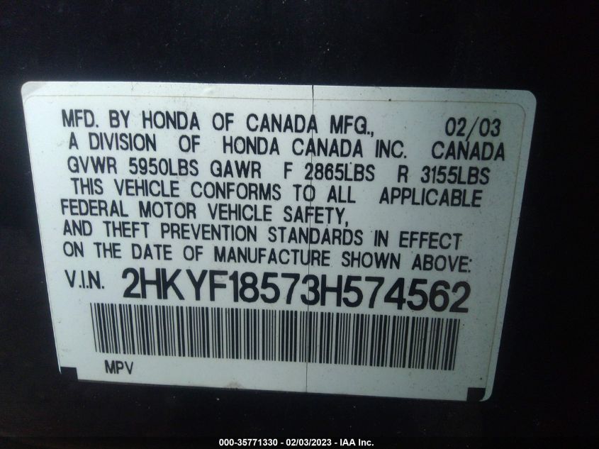 2003 Honda Pilot Ex-L VIN: 2HKYF18573H574562 Lot: 35771330