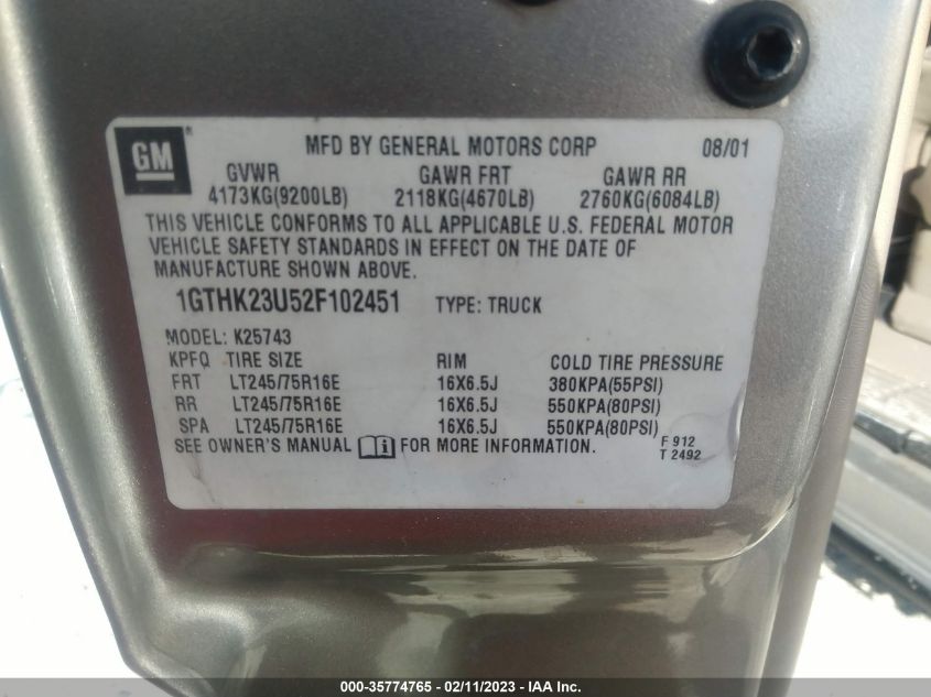2002 GMC Sierra 2500Hd Sle VIN: 1GTHK23U52F102451 Lot: 35774765