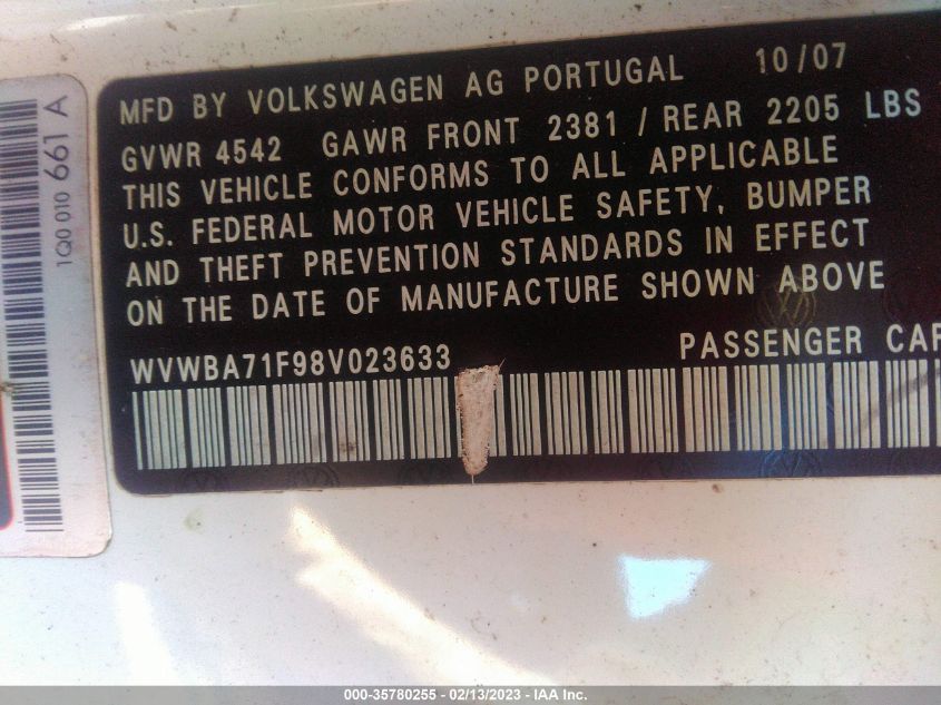 WVWBA71F98V023633 2008 Volkswagen Eos Turbo/Komfort