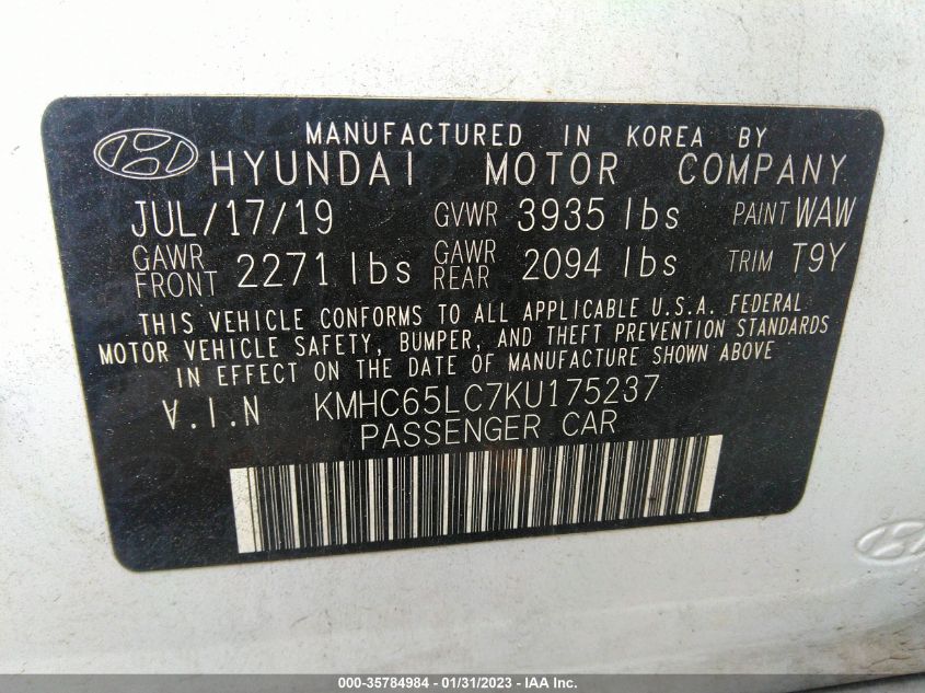 KMHC65LC7KU175237 2019 Hyundai Ioniq Hybrid Blue