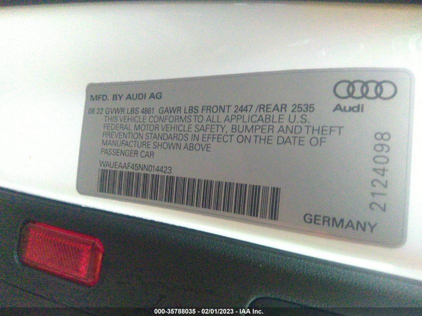 2022 Audi A4 Premium Plus 45 Tfsi S Line Quattro S Tronic VIN: WAUEAAF45NN014423 Lot: 35788035