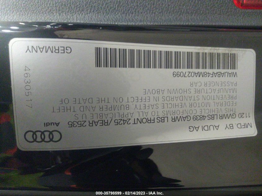 2021 Audi A4 Premium 40 Tfsi Quattro S Tronic VIN: WAUABAF48MA027099 Lot: 35798599