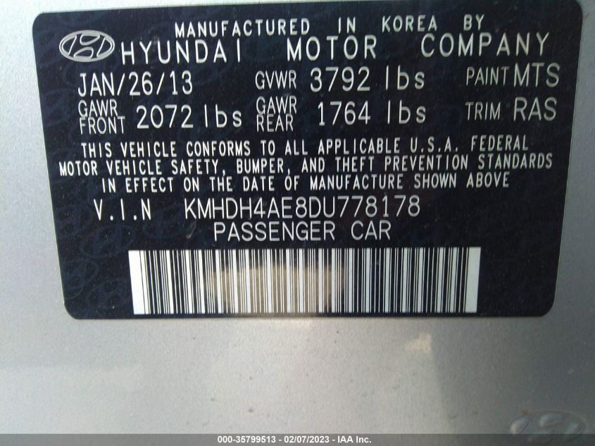 KMHDH4AE8DU778178 2013 Hyundai Elantra Limited (Ulsan Plant)