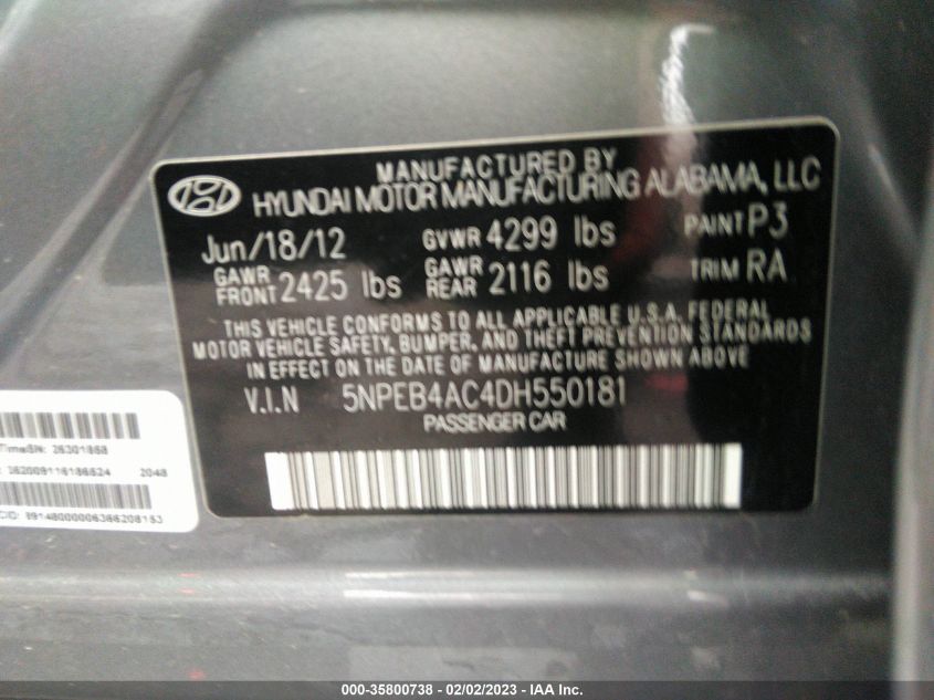 5NPEB4AC4DH550181 2013 Hyundai Sonata Gls