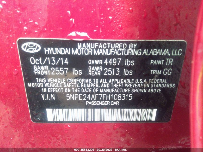 2015 Hyundai Sonata Se VIN: 5NPE24AF7FH108315 Lot: 35813206