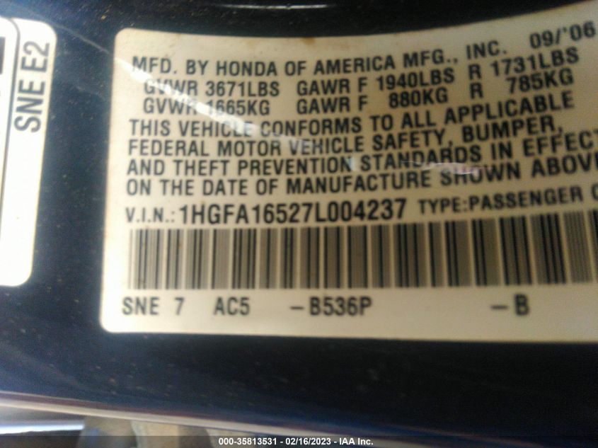 1HGFA16527L004237 2007 Honda Civic Lx