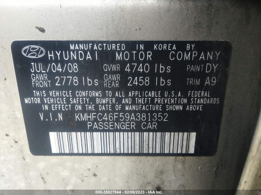 KMHFC46F59A381352 2009 Hyundai Azera Limited