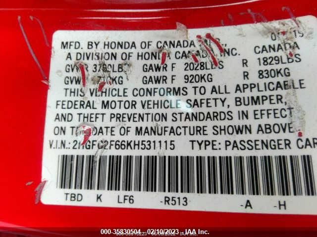 2HGFC2F66KH531115 2019 Honda Civic Lx