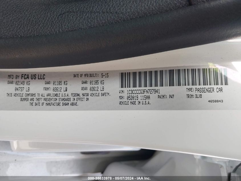 2015 Chrysler 200 C VIN: 1C3CCCCG3FN727941 Lot: 35833978