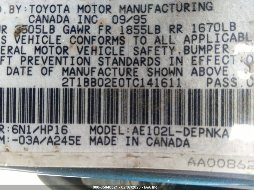 2T1BB02E0TC141611 1996 Toyota Corolla Dx