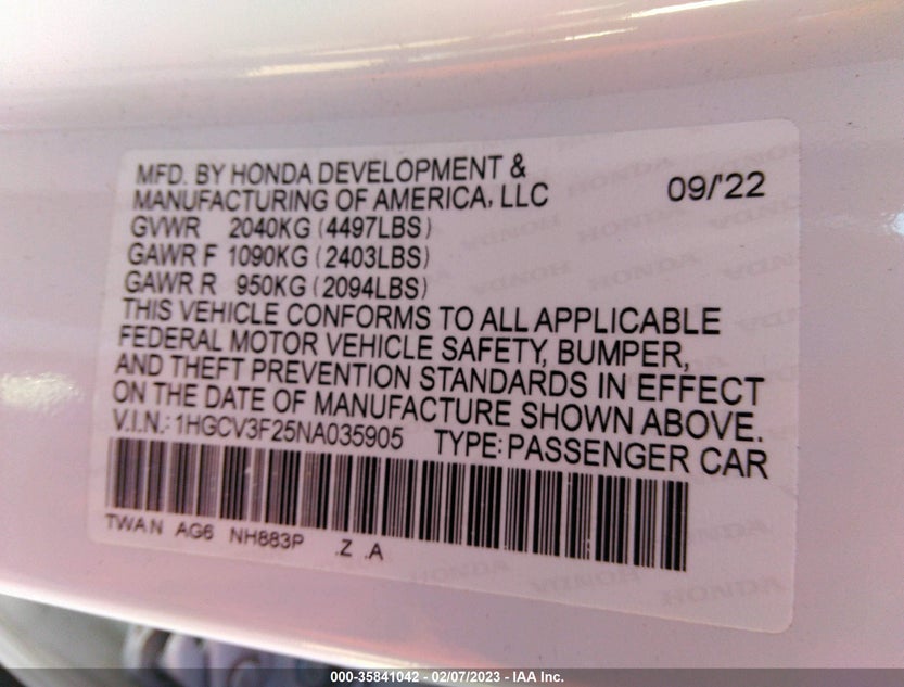 1HGCV3F25NA035905