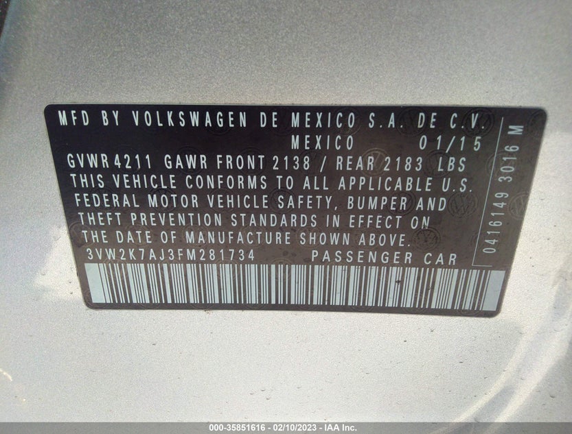 3VW2K7AJ3FM281734