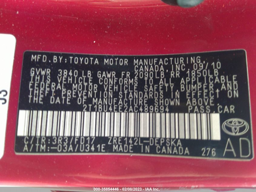 2010 Toyota Corolla S VIN: 2T1BU4EE2AC489694 Lot: 35854446