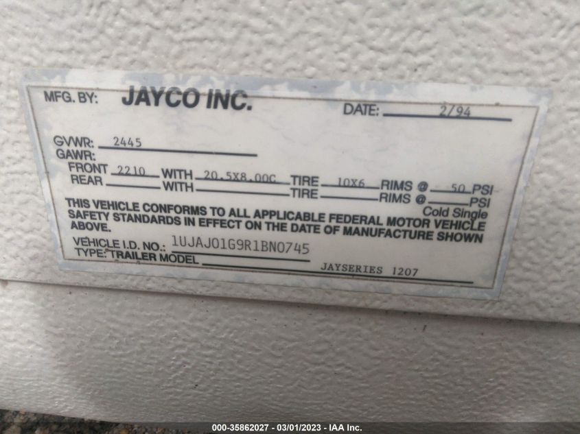 1994 Jayco J Series 1207 VIN: 1UJAJ01G9R1BN0745 Lot: 35862027