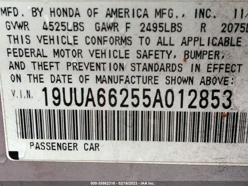 2005 Acura Tl VIN: 19UUA66255A012853 Lot: 35862318