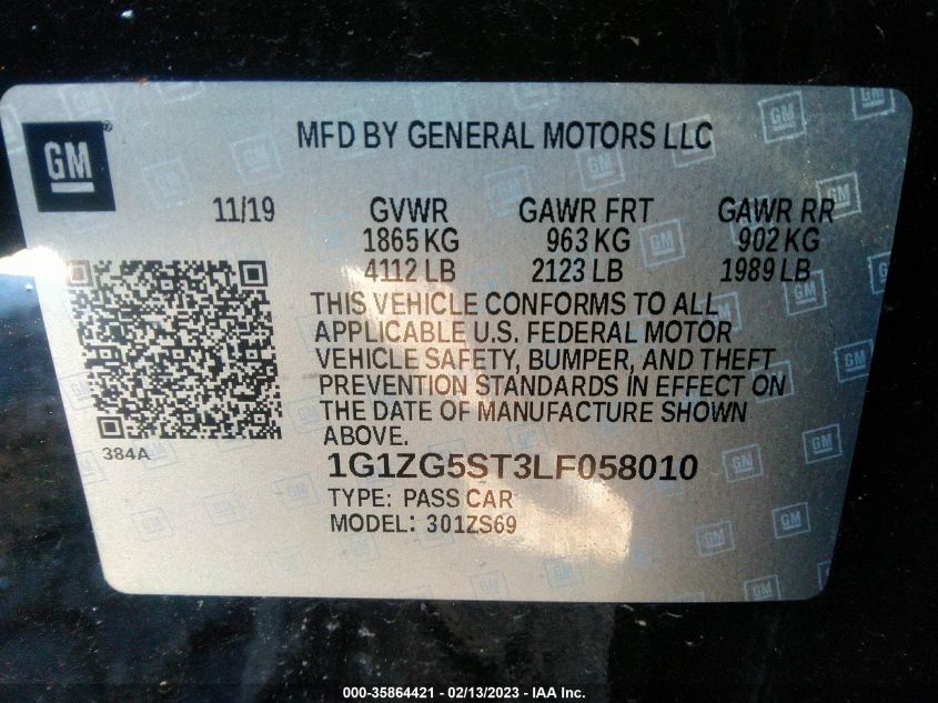 1G1ZG5ST3LF058010 2020 Chevrolet Malibu Fwd Rs