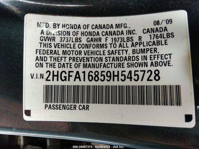 2HGFA16859H545728 2009 Honda Civic Ex