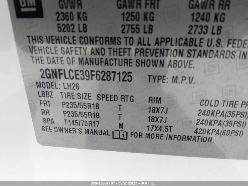 2015 Chevrolet Equinox 2Lt VIN: 2GNFLCE39F6287125 Lot: 35867797