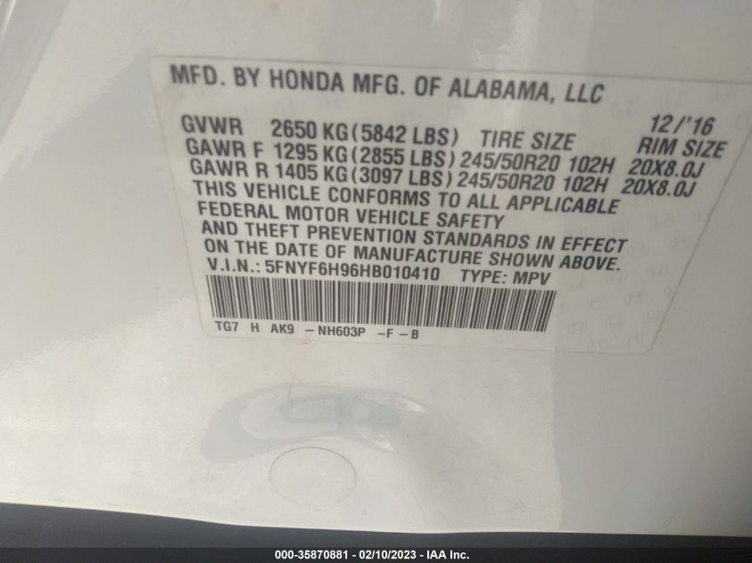 2017 Honda Pilot Touring VIN: 5FNYF6H96HB010410 Lot: 35870881