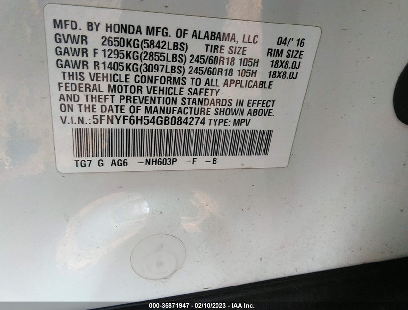 5FNYF6H54GB084274